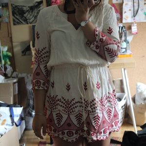 Embroidered Cream and Maroon Tie Mini Dress